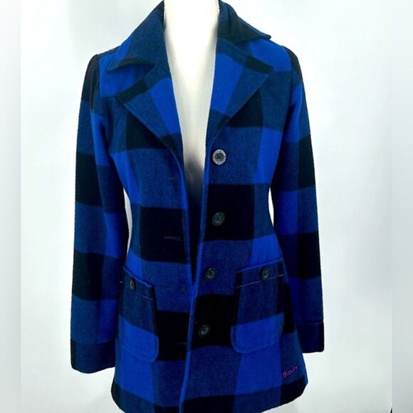 Women’s Billabong Coat Wool Blend Blue Buffalo Check Plaid Buttoned Jacket Small - Picture 4 of 6